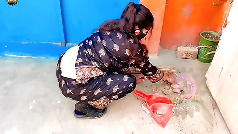 Indian teen is wearing a tiny skirt and bra to tease