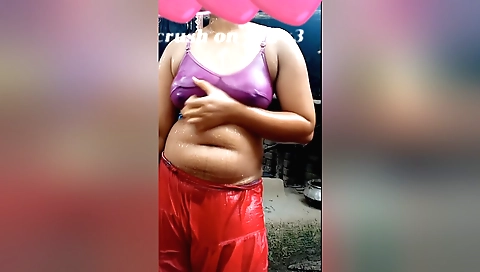 Hot desi woman blows a big white towel in the shower