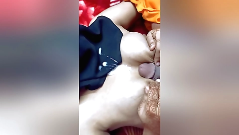 Muslim chick with big boobs gives handjob and cum on her boobs