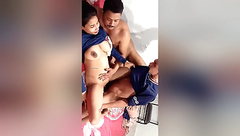 Amature asian brunette fucks a big cock in threesome