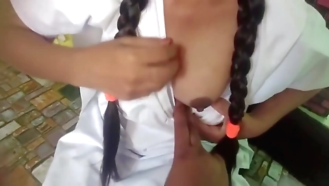 A brunette couple in amateur porn clip with a penis