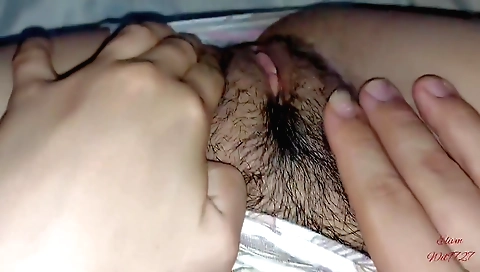 Beautiful stepsister with hairy pussy shows her hairy pussy