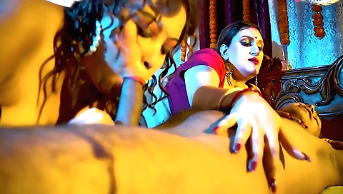 Busty brunette milf fucked by two men in threesome