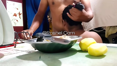 Amateur brunette 3girl is having fun in the kitchen